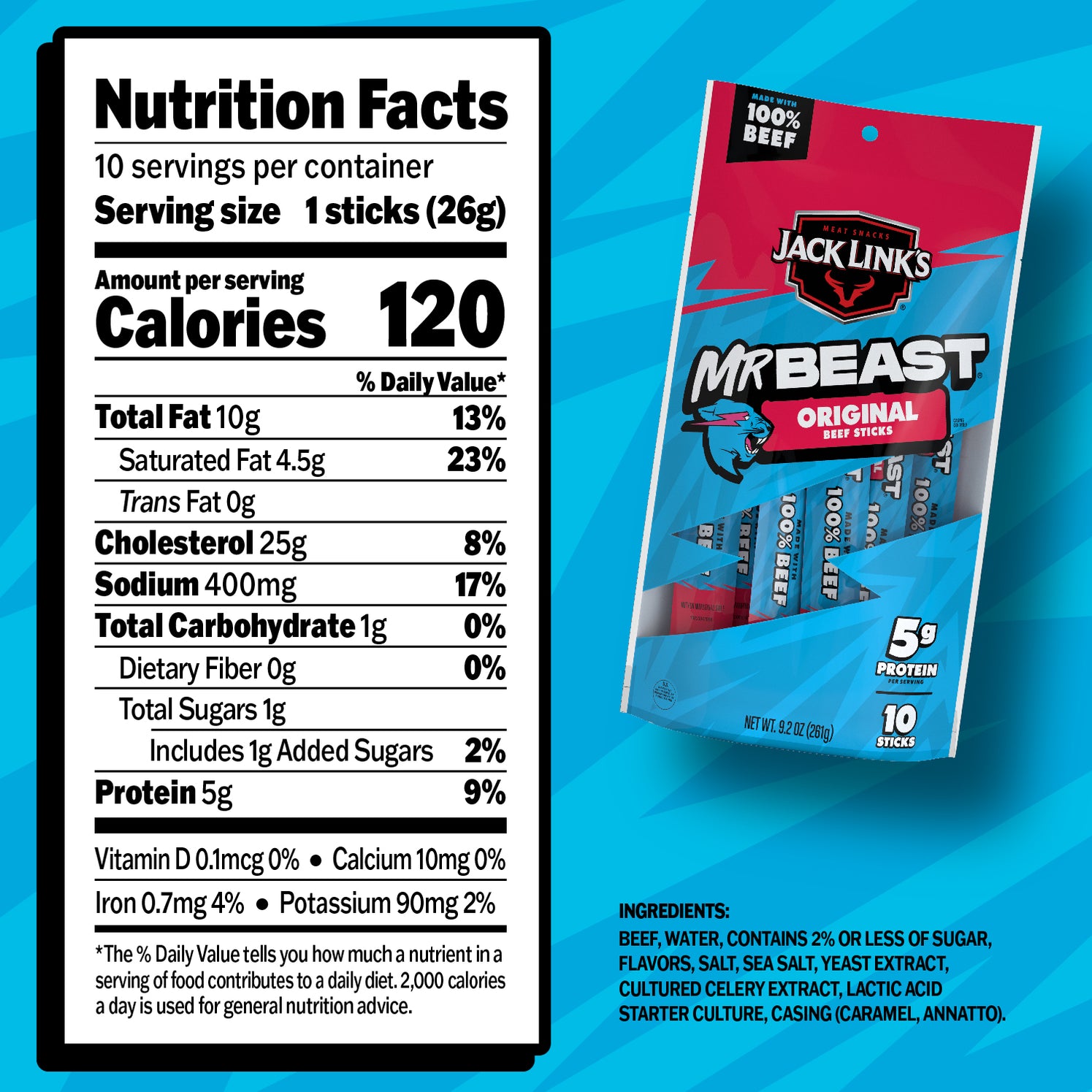 Beast Meat Label Jack Link’s x MrBeast Original Beef Sticks, 10 count of .92 oz meat ...